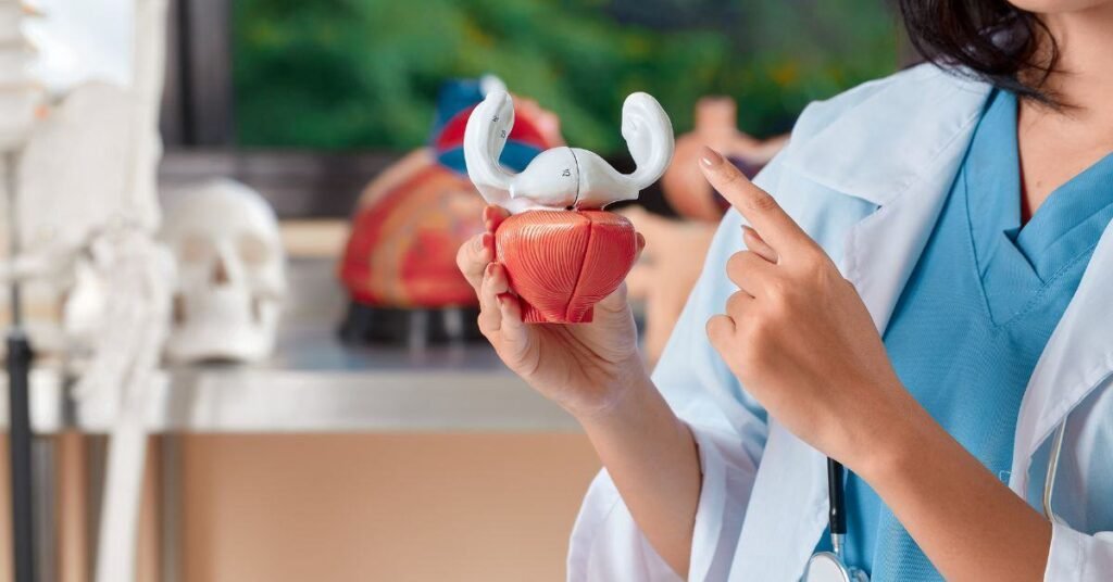 Doctor holding and pointing at a pelvic anatomical model in a medical setting.