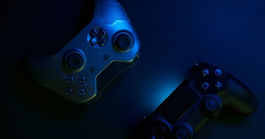 Gaming controllers in blue lighting setup