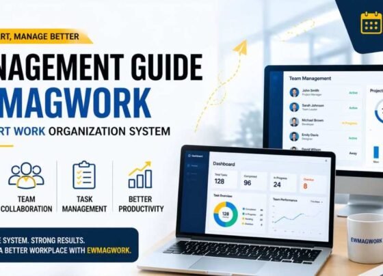 Ewmagwork workplace management banner with dashboard UI