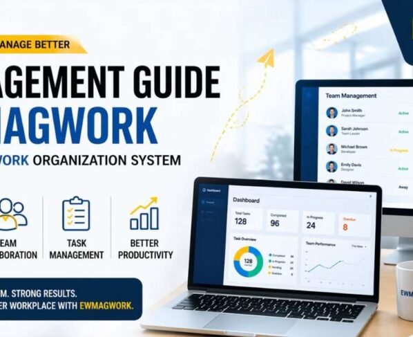 Ewmagwork workplace management banner with dashboard UI