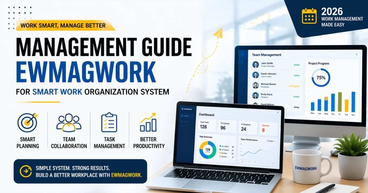 Ewmagwork workplace management banner with dashboard UI