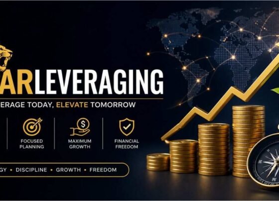 Modern financial growth banner showing roaring lion branding, rising gold coins, upward arrow chart, and investment success theme.