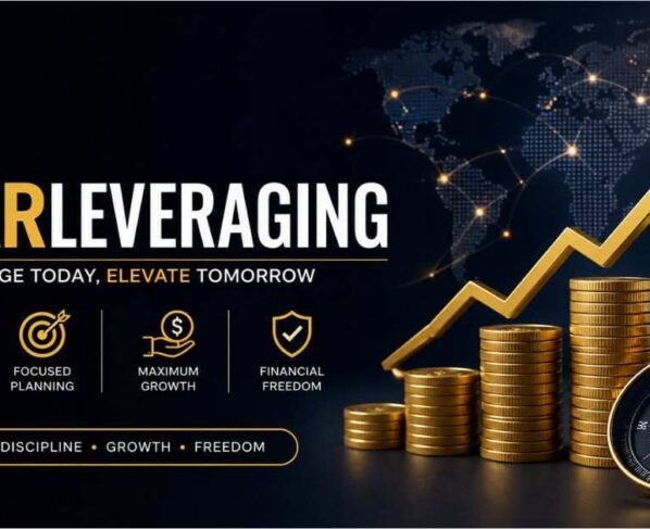 Modern financial growth banner showing roaring lion branding, rising gold coins, upward arrow chart, and investment success theme.