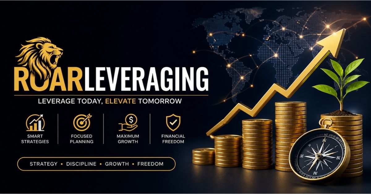 Modern financial growth banner showing roaring lion branding, rising gold coins, upward arrow chart, and investment success theme.