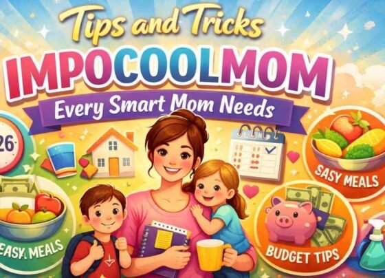 Happy mom with kids showing easy life hacks, meals, budget, and self-care tips.