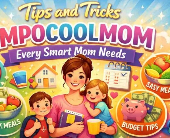 Happy mom with kids showing easy life hacks, meals, budget, and self-care tips.