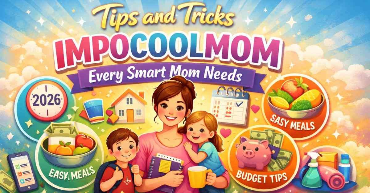 Happy mom with kids showing easy life hacks, meals, budget, and self-care tips.