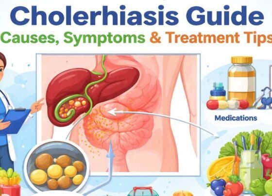 Doctor explaining gallstones with gallbladder diagram and healthy diet icons