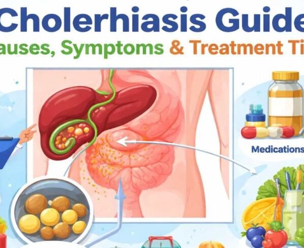 Doctor explaining gallstones with gallbladder diagram and healthy diet icons