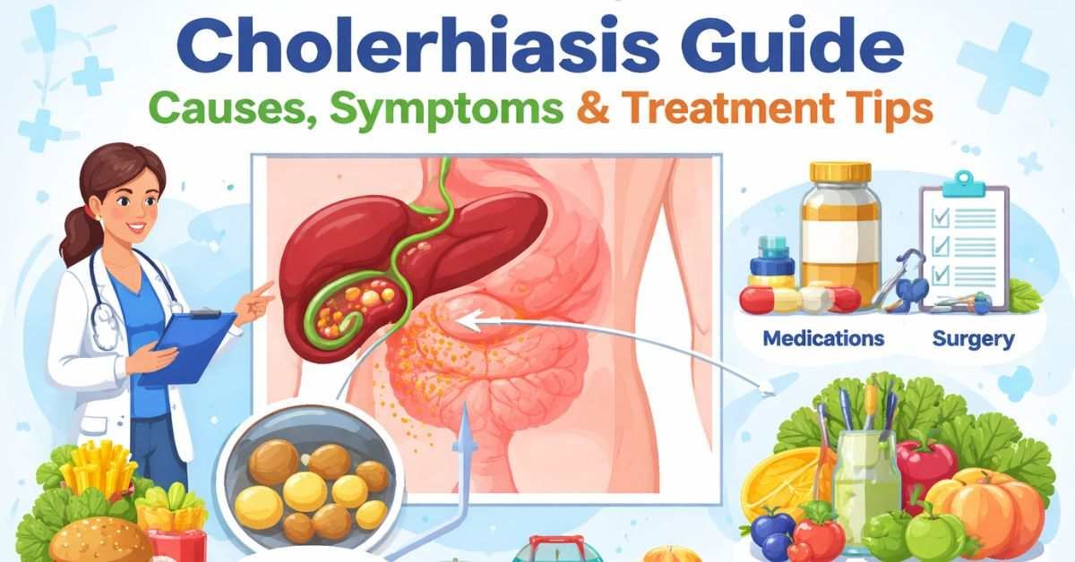 Doctor explaining gallstones with gallbladder diagram and healthy diet icons
