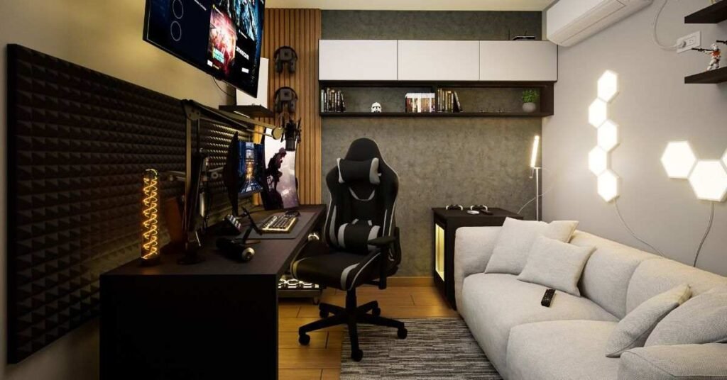 Modern gaming room setup with PC desk, LED wall lights, and comfortable sofa