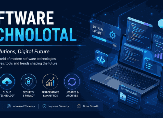 Software technolotal tech banner with cloud, updates, security, and analytics on a digital screen.