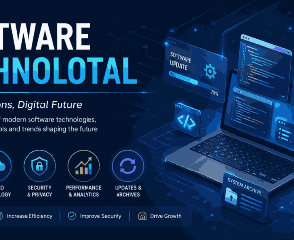 Software technolotal tech banner with cloud, updates, security, and analytics on a digital screen.