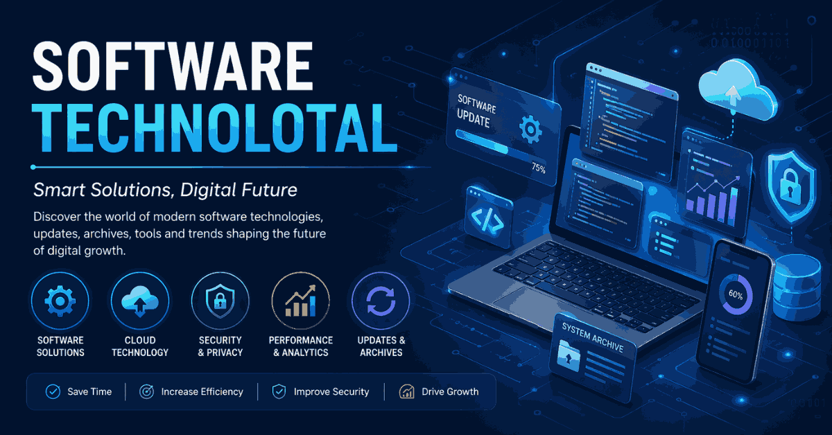 Software technolotal tech banner with cloud, updates, security, and analytics on a digital screen.