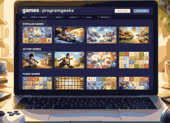 Online gaming platform on laptop with multiple game categories and accessories in a modern setup