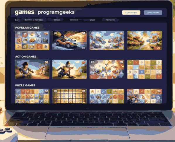 Online gaming platform on laptop with multiple game categories and accessories in a modern setup