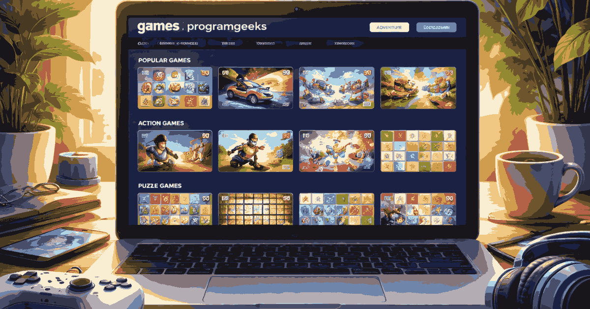 Online gaming platform on laptop with multiple game categories and accessories in a modern setup
