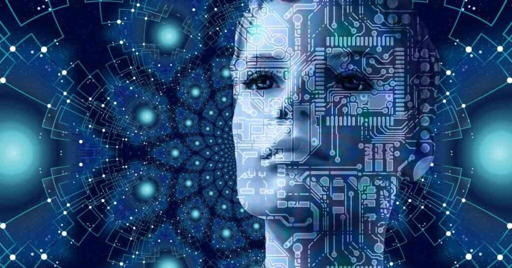 AI human face with digital circuits and futuristic technology background representing innovation.