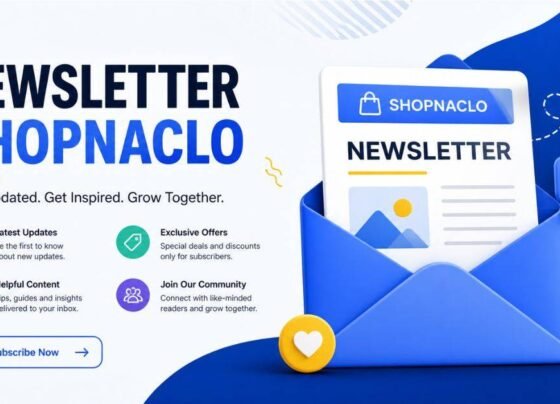 Modern newsletter banner for Shopnaclo showing email marketing concept with envelope, updates, and subscription theme.