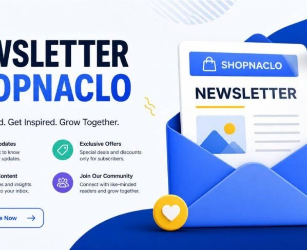 Modern newsletter banner for Shopnaclo showing email marketing concept with envelope, updates, and subscription theme.