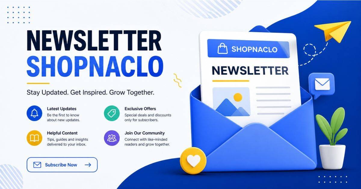 Modern newsletter banner for Shopnaclo showing email marketing concept with envelope, updates, and subscription theme.