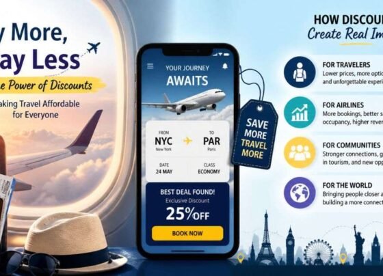 Modern travel discount infographic showing affordable flights, savings, and benefits for travelers worldwide.