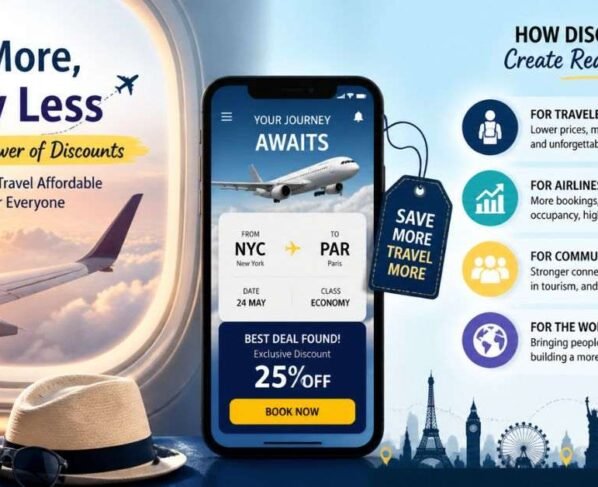 Modern travel discount infographic showing affordable flights, savings, and benefits for travelers worldwide.