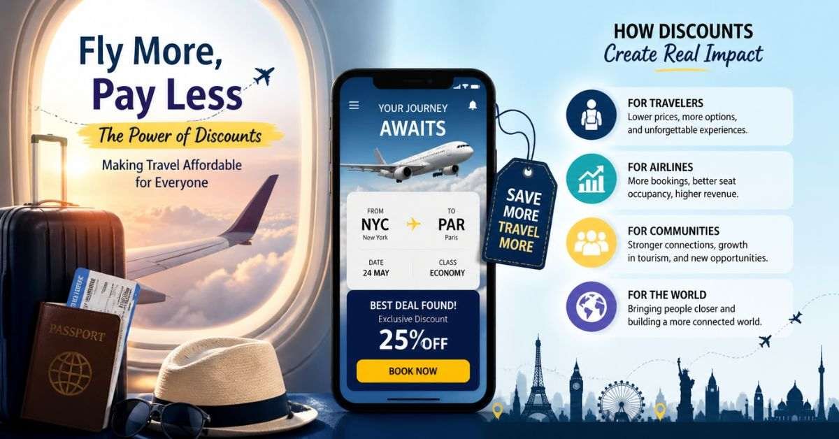 Modern travel discount infographic showing affordable flights, savings, and benefits for travelers worldwide.