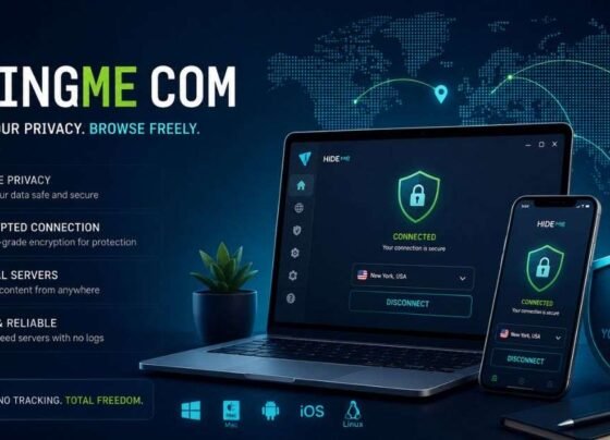 hidingme com privacy banner showing secure browsing, encrypted VPN connection, devices, and online safety features.