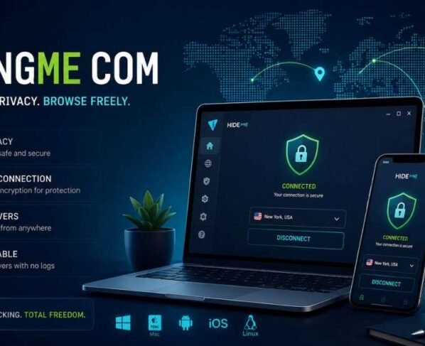 hidingme com privacy banner showing secure browsing, encrypted VPN connection, devices, and online safety features.