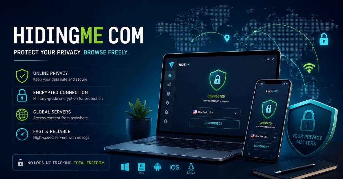 hidingme com privacy banner showing secure browsing, encrypted VPN connection, devices, and online safety features.