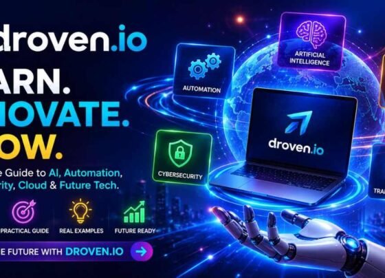 A futuristic droven.io banner showing AI, automation, cybersecurity, and cloud technology tools.