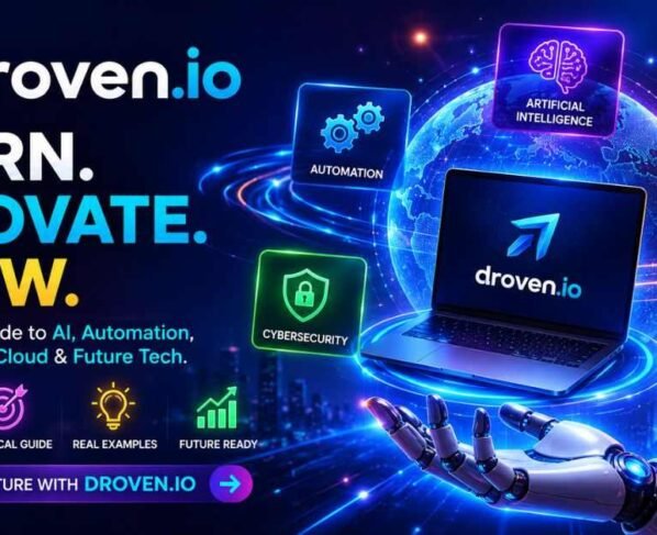 A futuristic droven.io banner showing AI, automation, cybersecurity, and cloud technology tools.