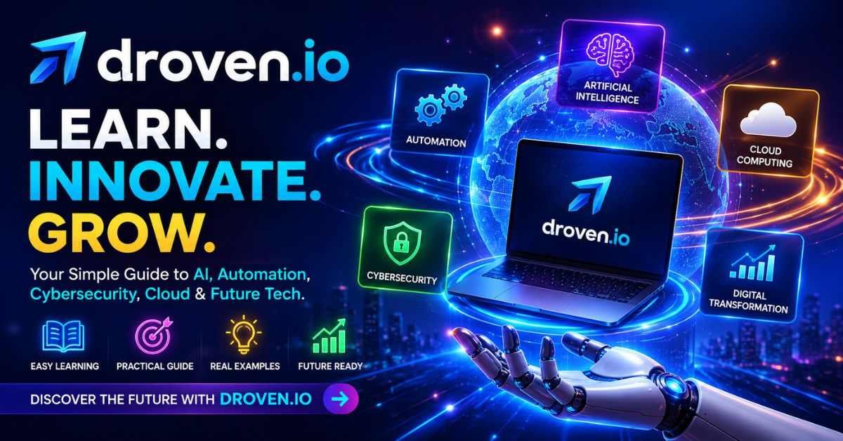 A futuristic droven.io banner showing AI, automation, cybersecurity, and cloud technology tools.